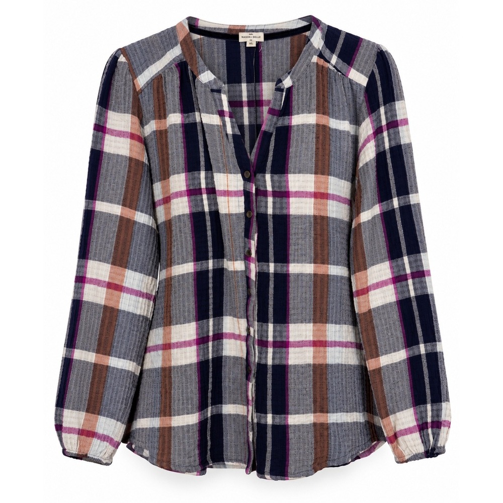 Mason & Belle Womens Plaid Button Front Blouse XL Navy Grey Magenta NWT